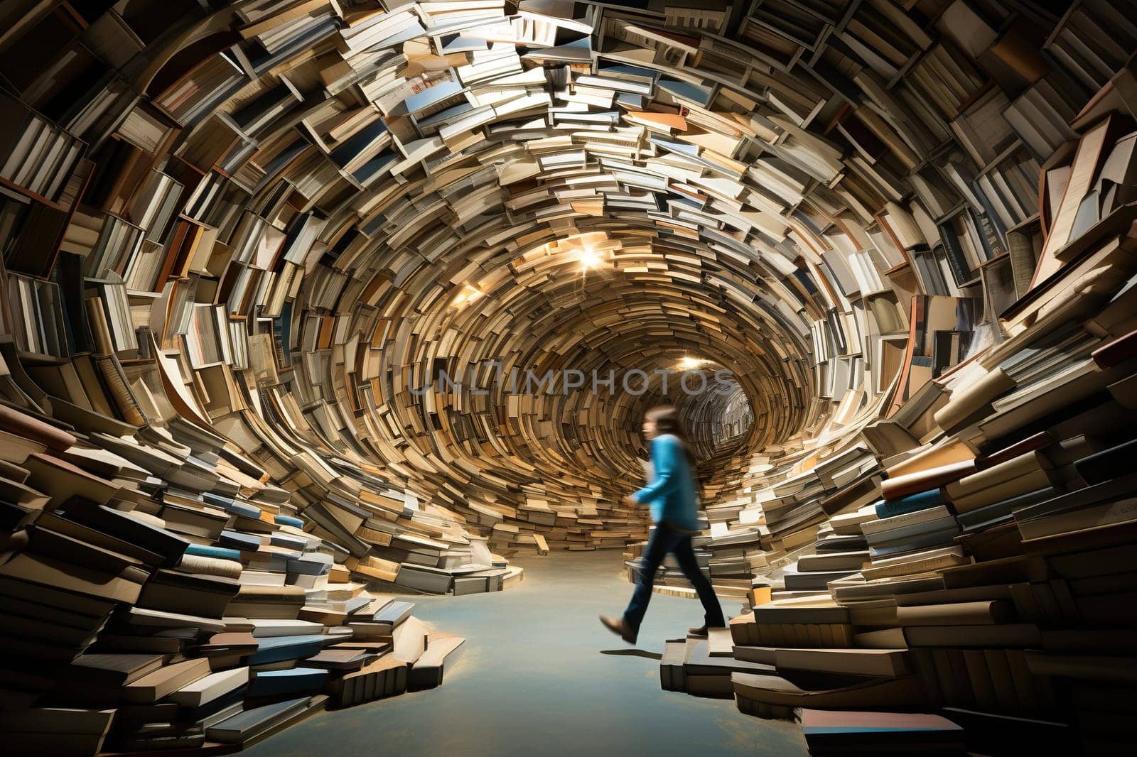 Tunnel of books. Blurred background. Books and knowledge concept. Generated by artificial intelligence by Vovmar