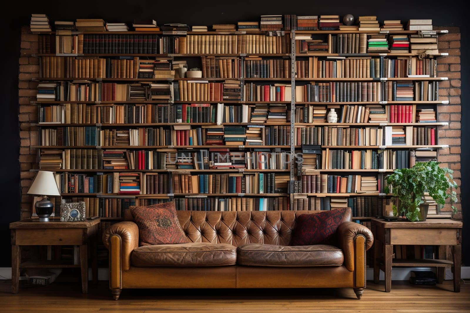 A wall with overflowing bookshelves up to the ceiling, a sofa next to the bookshelves. Generated by artificial intelligence by Vovmar