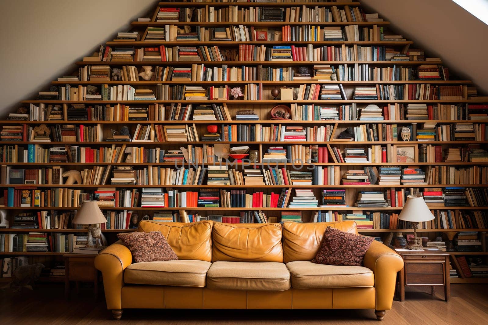 A wall with overflowing bookshelves up to the ceiling, a sofa next to the bookshelves.