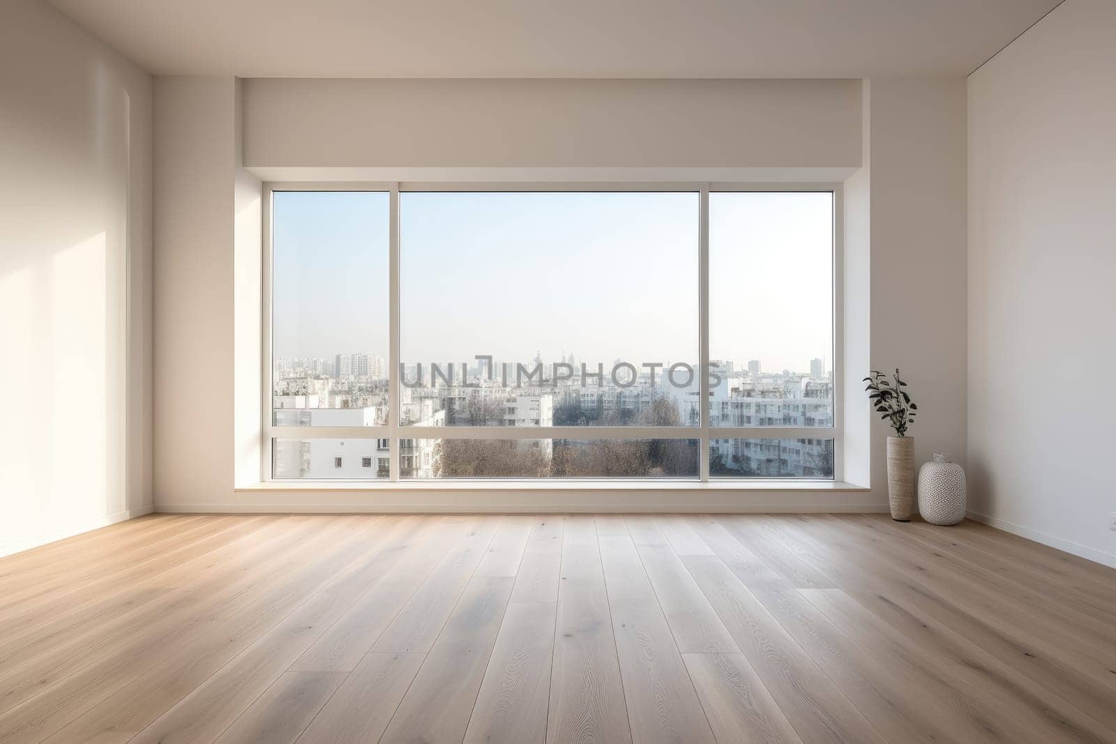 Empty modern room with white walls and large windows Minimalist interior design in a luxury apartment The space is clean and contemporary by Generative AI by wichayada