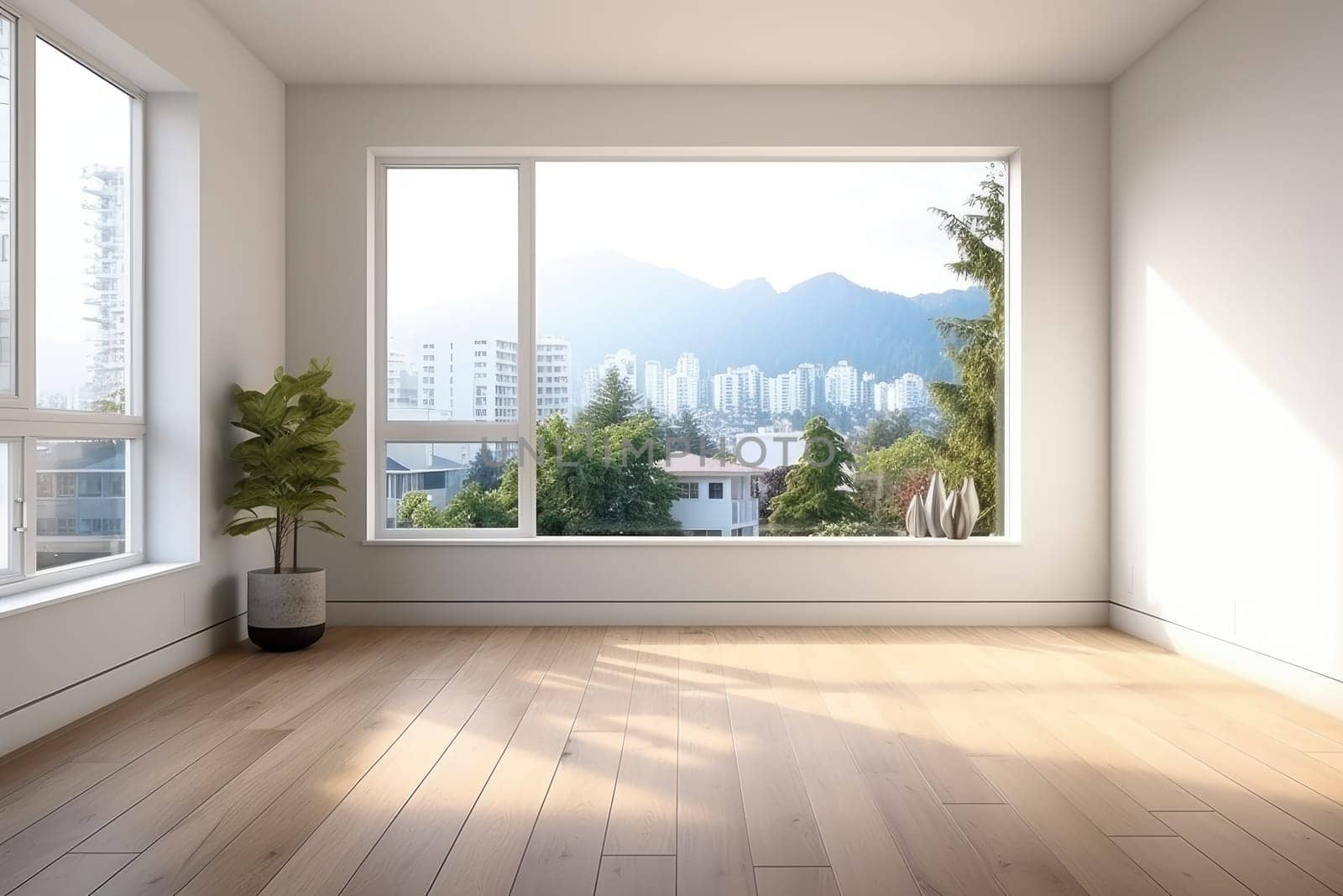 Empty modern room with white walls and large windows Minimalist interior design in a luxury apartment The space is clean and contemporary by Generative AI.