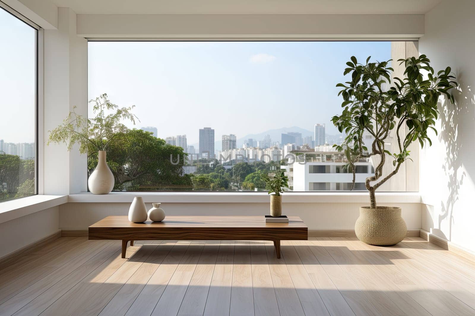 Empty modern room with white walls and large windows Minimalist interior design in a luxury apartment The space is clean and contemporary by Generative AI.