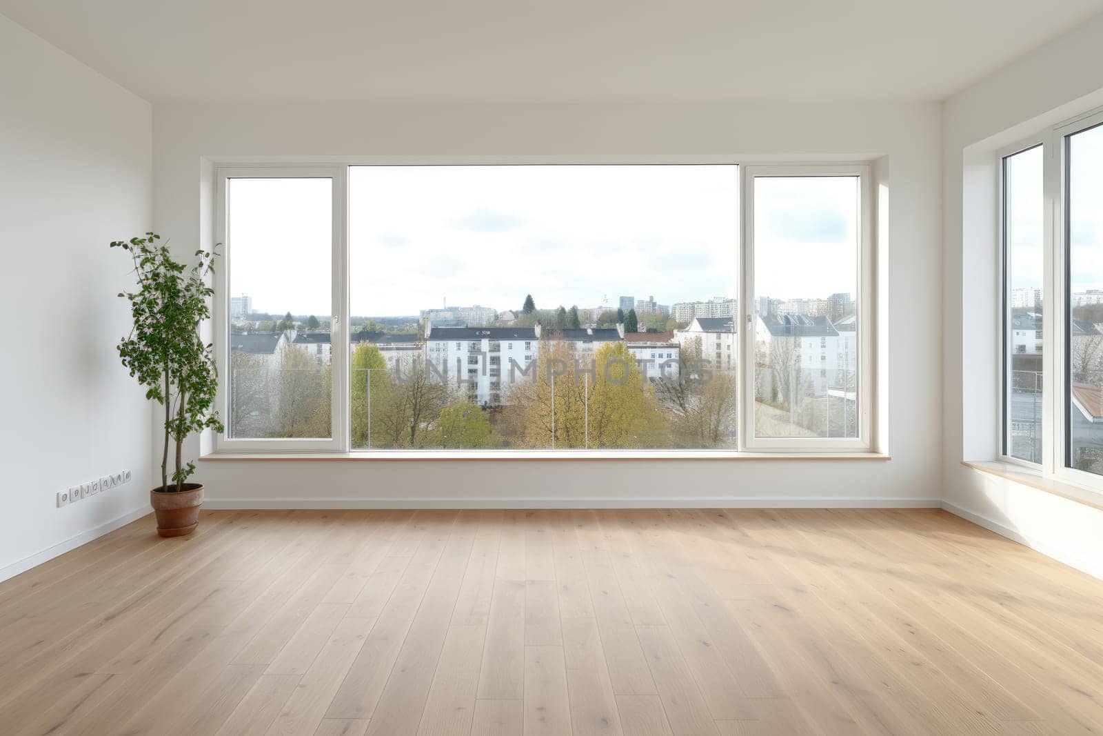 Empty modern room with white walls and large windows Minimalist interior design in a luxury apartment The space is clean and contemporary by Generative AI by wichayada