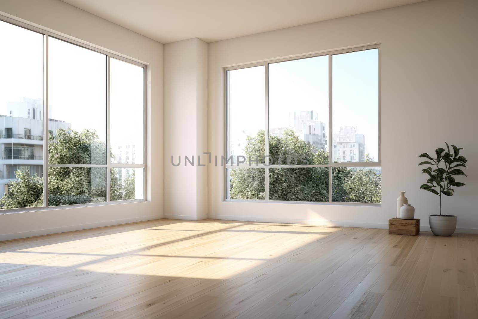 Empty modern room with white walls and large windows Minimalist interior design in a luxury apartment The space is clean and contemporary by Generative AI by wichayada