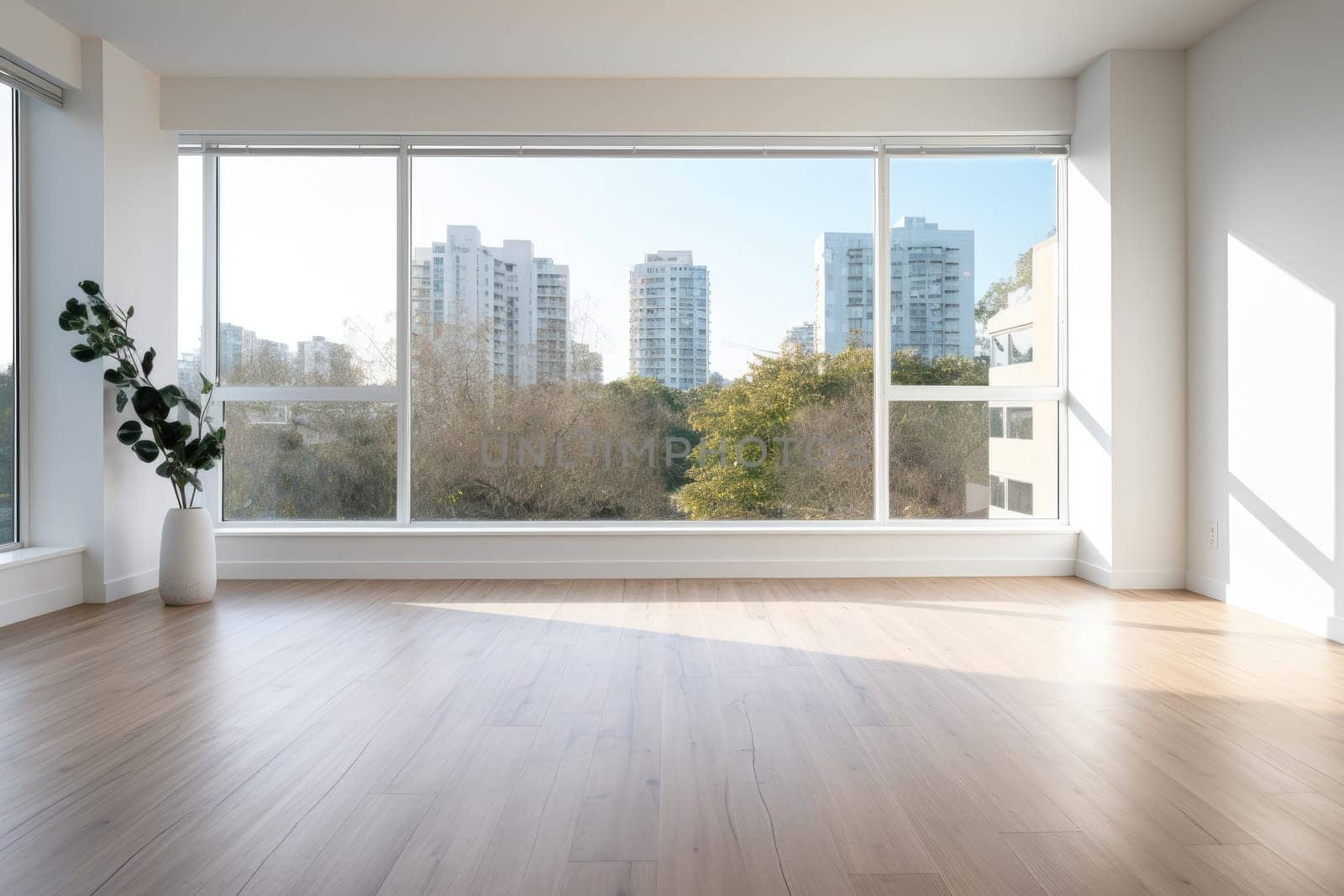 Empty modern room with white walls and large windows Minimalist interior design in a luxury apartment The space is clean and contemporary by Generative AI by wichayada