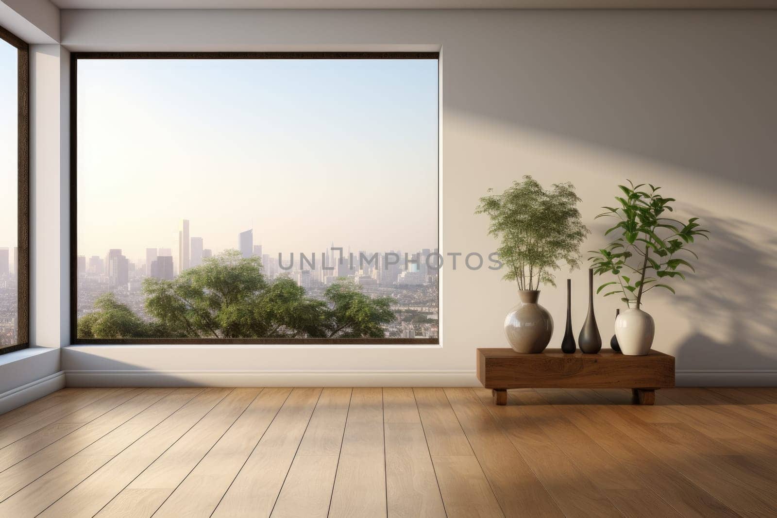 Empty modern room with white walls and large windows Minimalist interior design in a luxury apartment The space is clean and contemporary by Generative AI by wichayada