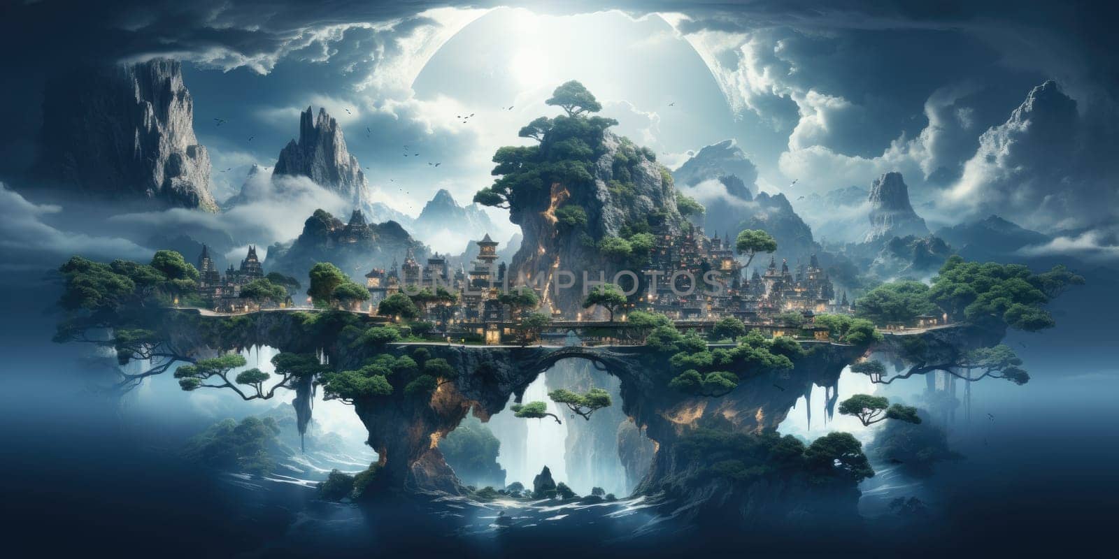 A surreal dreamscape of a floating island that defies gravity. Floating in the endless sky It invites you to explore your imagination. Dreamlike abstract concept by Generative AI by wichayada