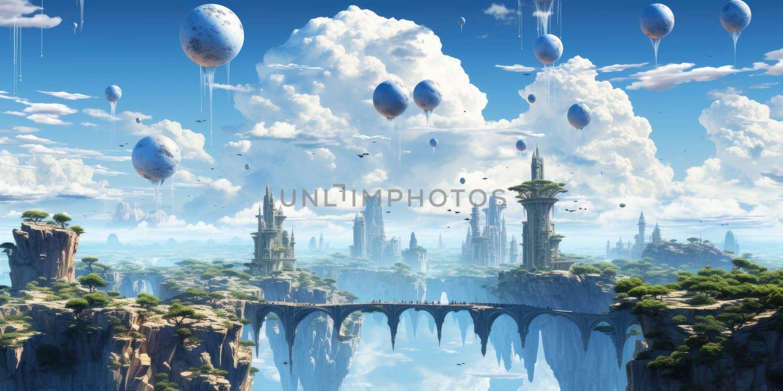 A surreal dreamscape of a floating island that defies gravity. Floating in the endless sky It invites you to explore your imagination. Dreamlike abstract concept by Generative AI.