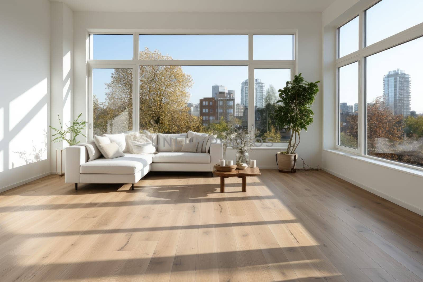 Empty modern room with white walls and large windows Minimalist interior design in a luxury apartment The space is clean and contemporary by Generative AI.