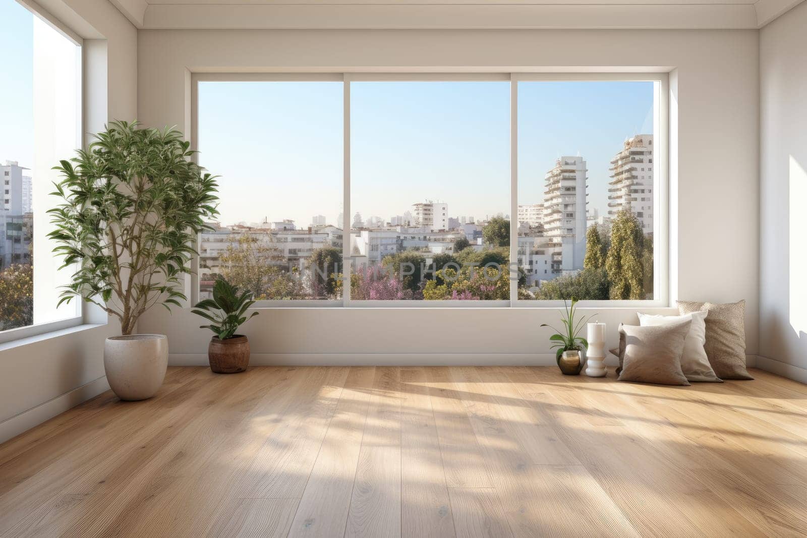 Empty modern room with white walls and large windows Minimalist interior design in a luxury apartment The space is clean and contemporary by Generative AI.
