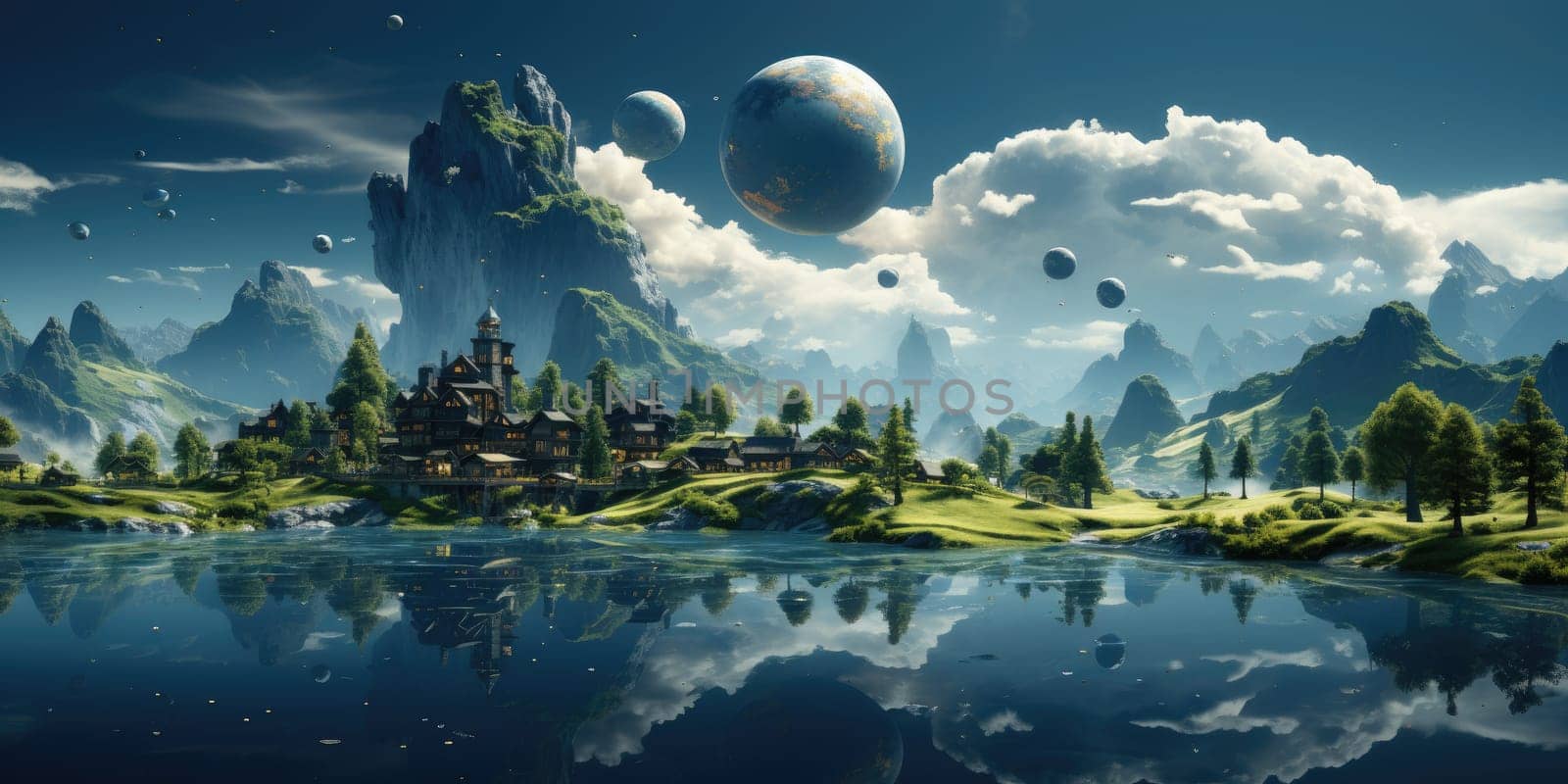 A surreal dreamscape of a floating island that defies gravity. Floating in the endless sky It invites you to explore your imagination. Dreamlike abstract concept by Generative AI by wichayada