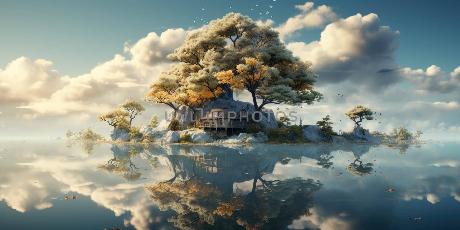 A surreal dreamscape of a floating island that defies gravity. Floating in the endless sky It invites you to explore your imagination. Dreamlike abstract concept by Generative AI by wichayada