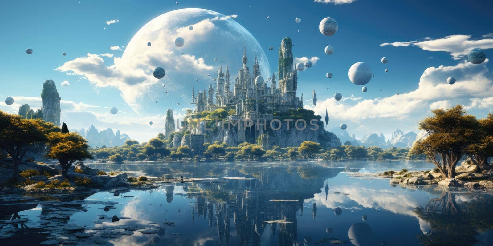 A surreal dreamscape of a floating island that defies gravity. Floating in the endless sky It invites you to explore your imagination. Dreamlike abstract concept by Generative AI by wichayada