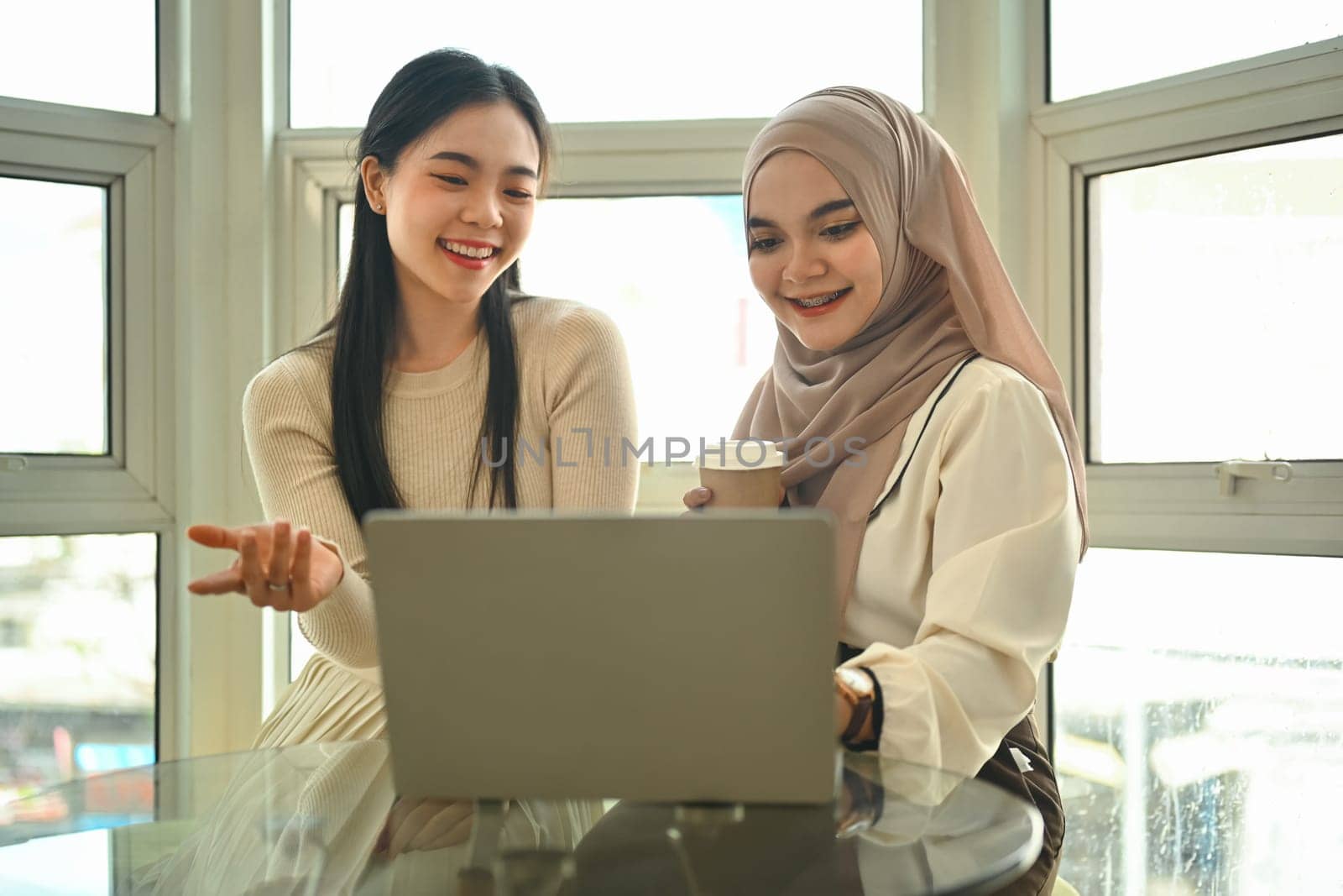 Shot of two female friends doing online shopping or browsing internet on laptop together.