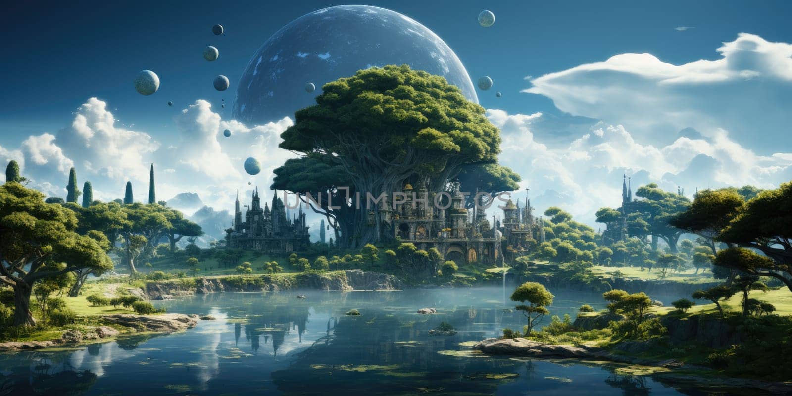 A surreal dreamscape of a floating island that defies gravity. Floating in the endless sky It invites you to explore your imagination. Dreamlike abstract concept by Generative AI by wichayada
