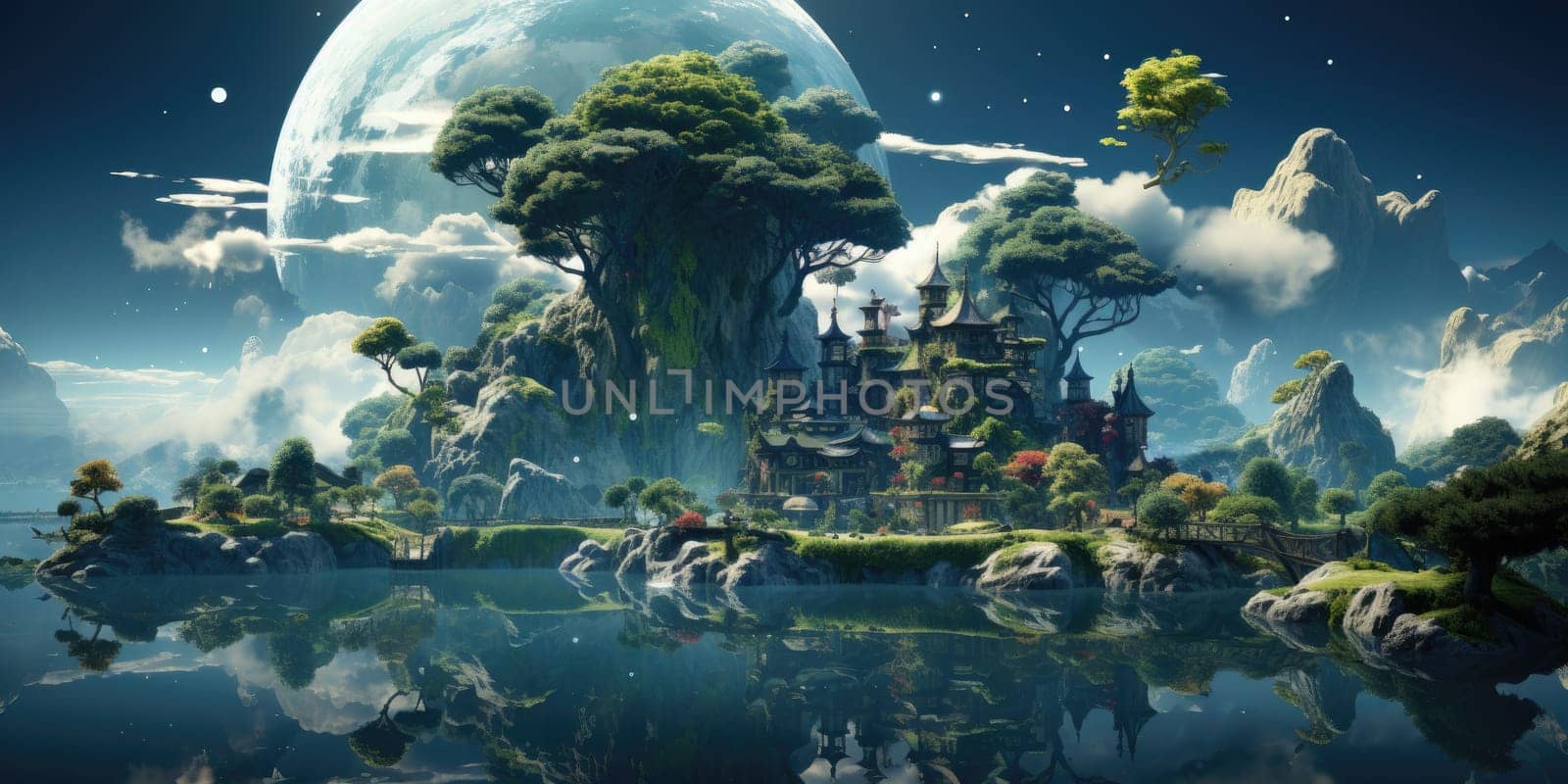 A surreal dreamscape of a floating island that defies gravity. Floating in the endless sky It invites you to explore your imagination. Dreamlike abstract concept by Generative AI by wichayada