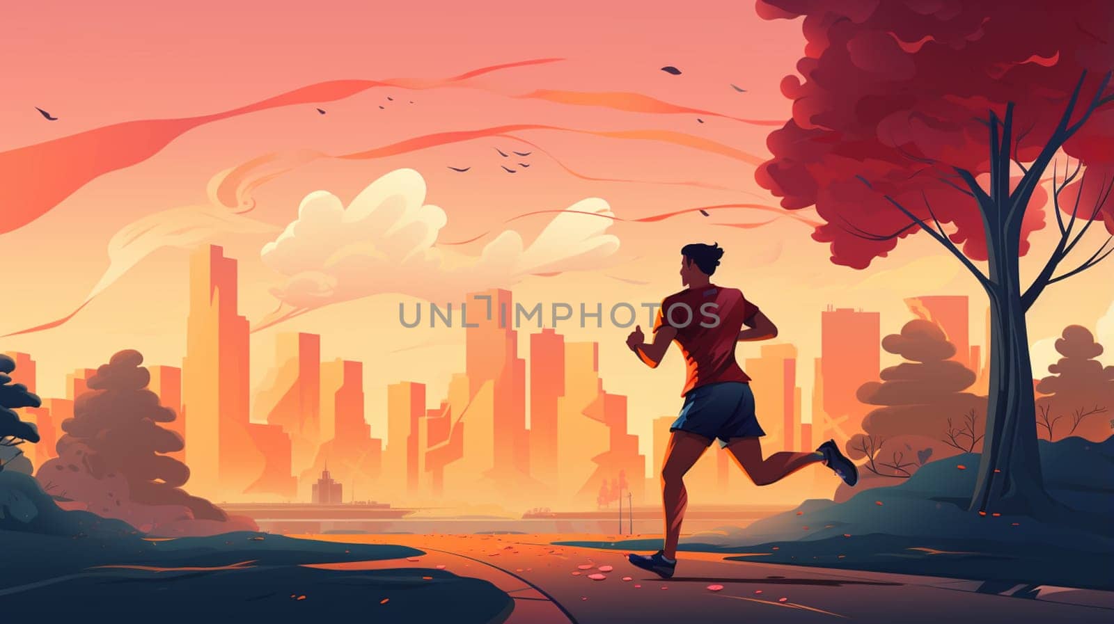 Jogging man on outdoor sport with city view, vertical illustration. High quality photo