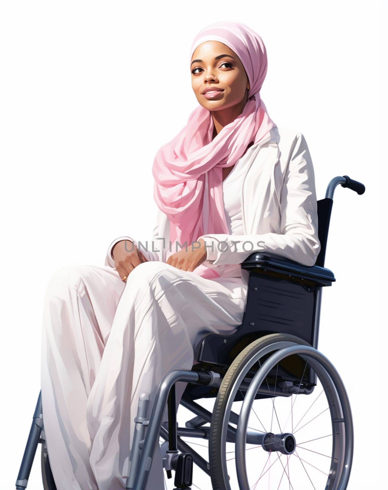 Female Muslim patient in a wheelchair, she was happy and relaxed in the hospital examination room. High quality photo