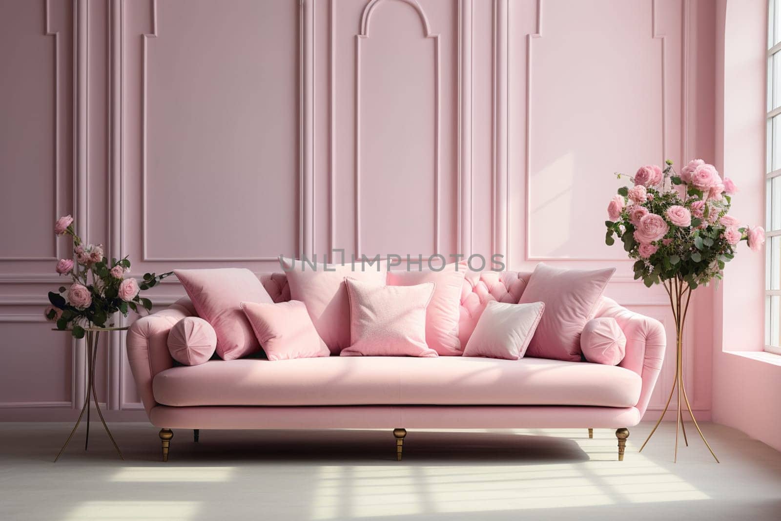 Pink velvet couch in the room with grey walls and flowers. High quality photo