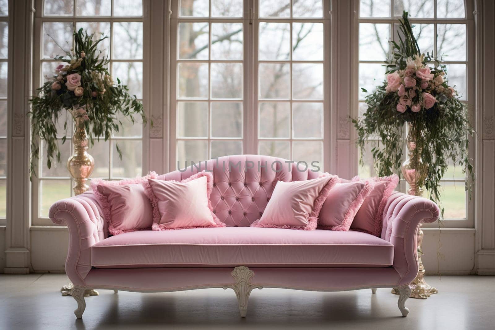 White room with pink sofa-bed, flowers in glass jug and mirror near the window. Classic interior design by Andelov13