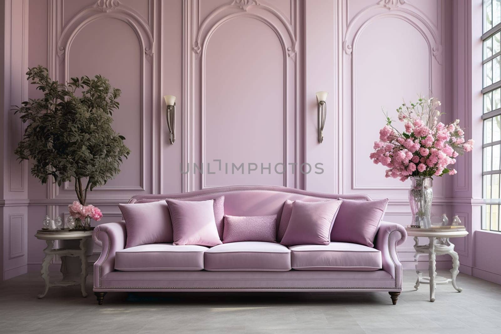 White room with pink sofa-bed, flowers in glass jug and mirror near the window. Classic interior design. High quality photo