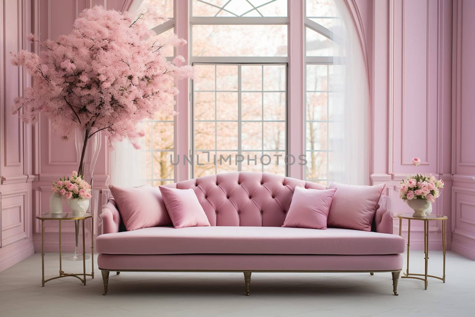 White room with pink sofa-bed, flowers in glass jug and mirror near the window. Classic interior design by Andelov13