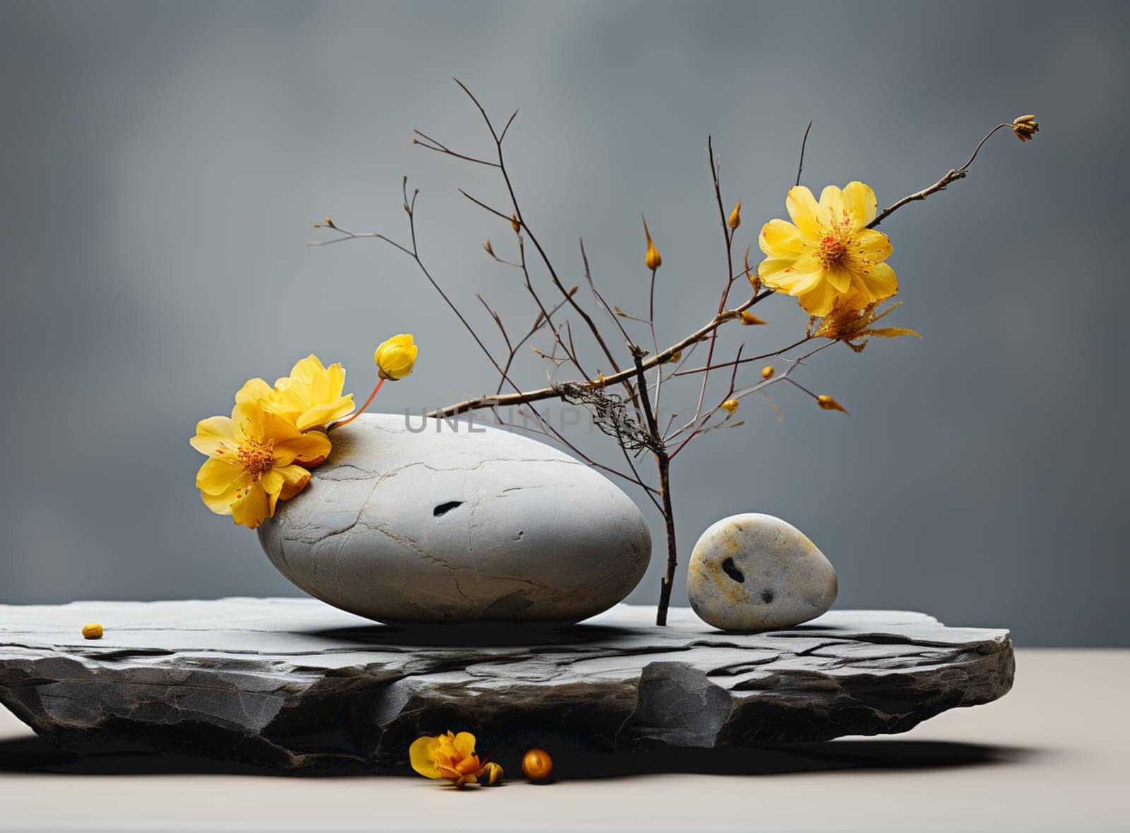 Spa stones with flowers on gray background. High quality photo