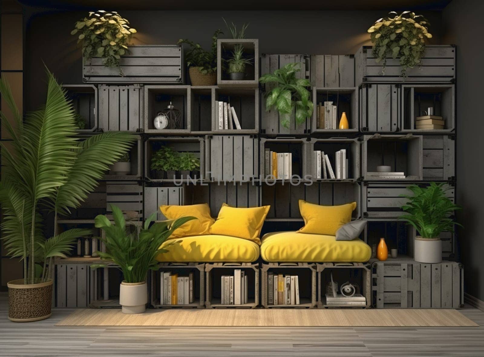 Home garden, minimal bedroom in yellow and wooden tones. Master bed, parquet floor and many houseplants. Urban jungle interior design. Biophilia concept, 3d illustration by Andelov13