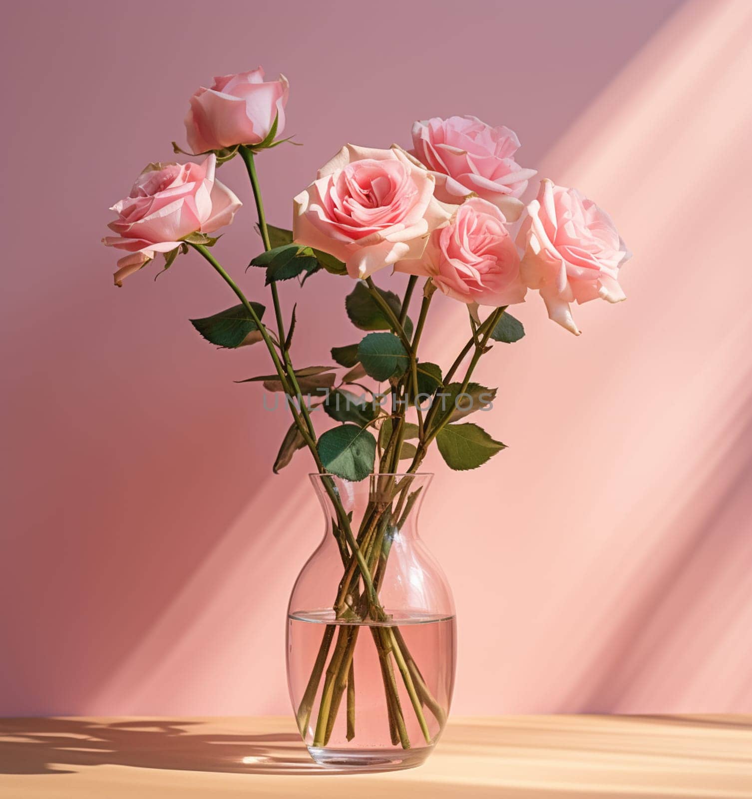 Bouquet of beautiful roses housed in a transparent glass vase in the office.Isolated on white background. Copy space,texture, vertical photo. High quality photo
