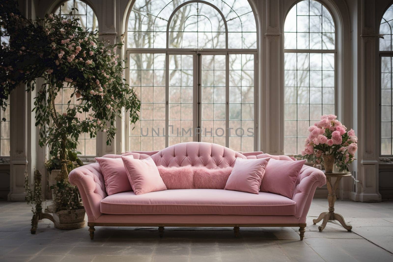 Pink velvet couch in the room with grey walls and flowers. High quality photo