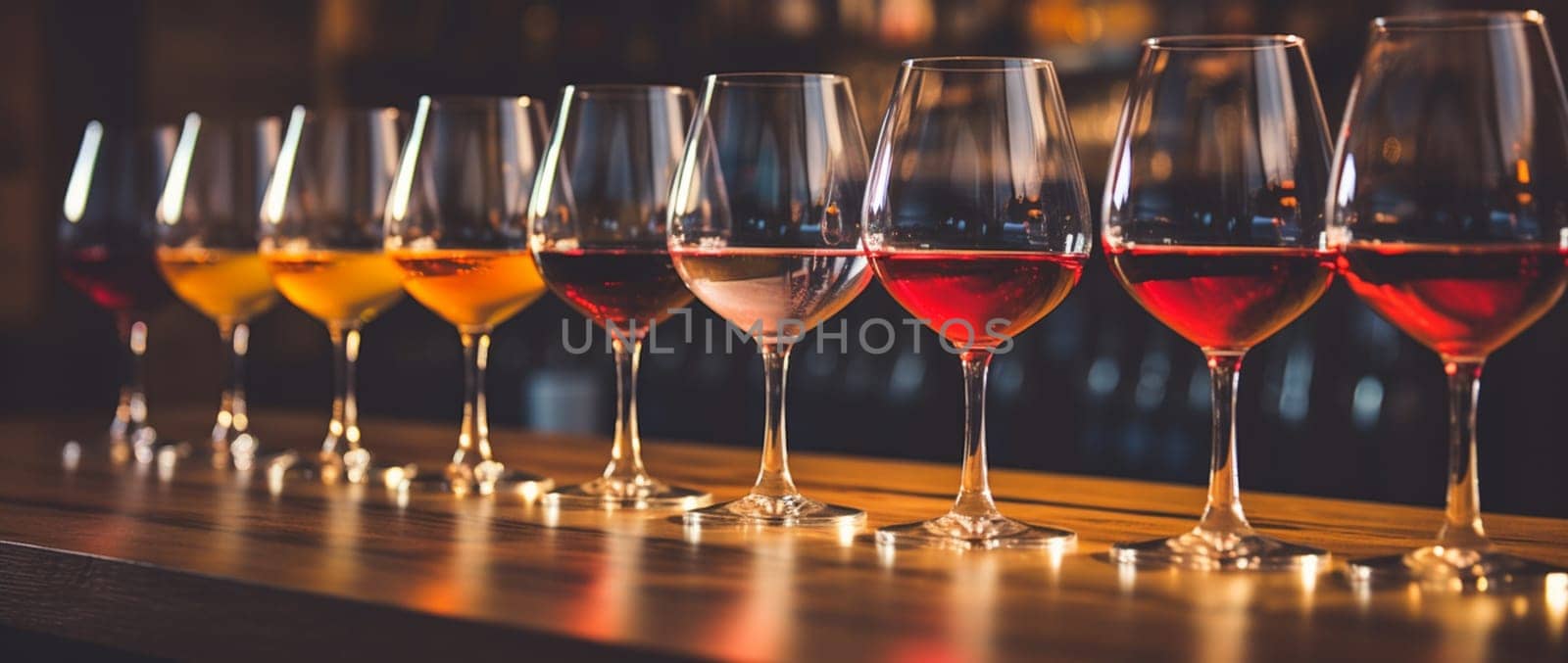 Wine glasses in a row. Pouring wine. Buffet table celebration of wine tasting. Nightlife, celebration and entertainment concept. Horizontal, wide screen banner format by Andelov13