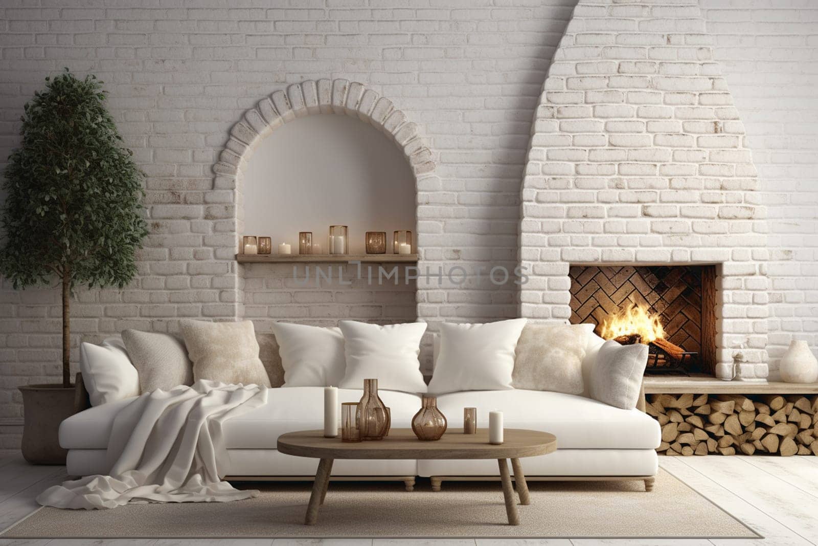 Interior of living room with decorative mantelpiece and sofa. High quality photo