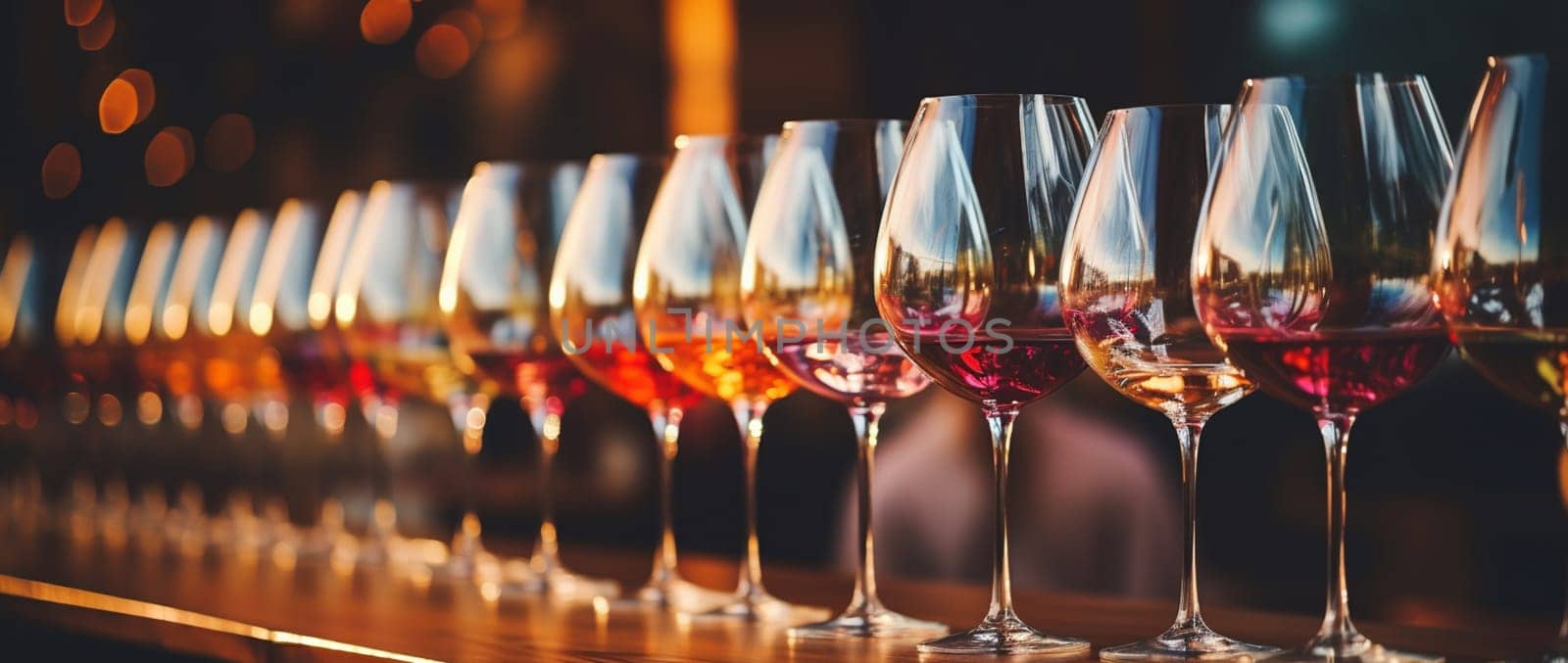 Wine glasses in a row. Pouring wine. Buffet table celebration of wine tasting. Nightlife, celebration and entertainment concept. Horizontal, wide screen banner format. High quality photo