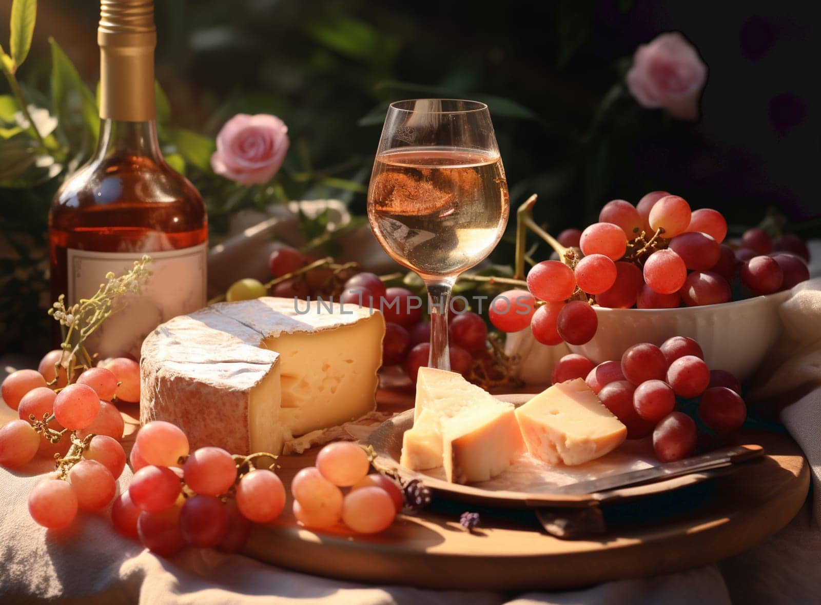 Wine on rustic wood table in vineyard. High quality photo