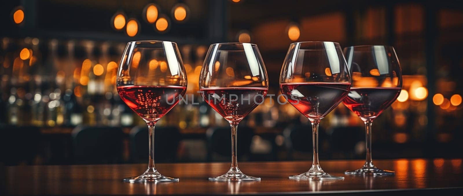 Wine glasses in a row. Pouring wine. Buffet table celebration of wine tasting. Nightlife, celebration and entertainment concept. Horizontal, wide screen banner format by Andelov13