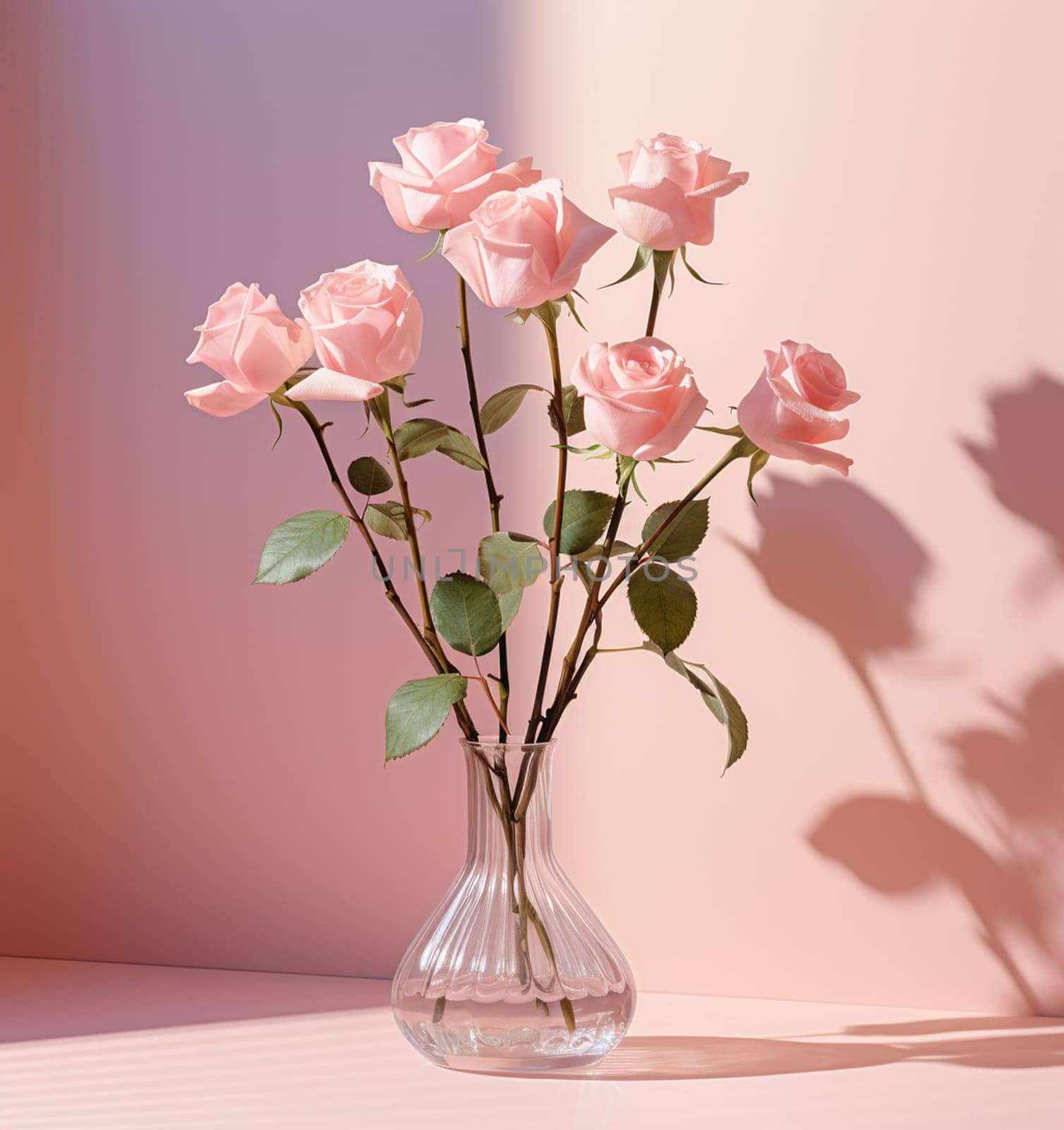 The bouquet of pink roses in a glass vase. High quality photo