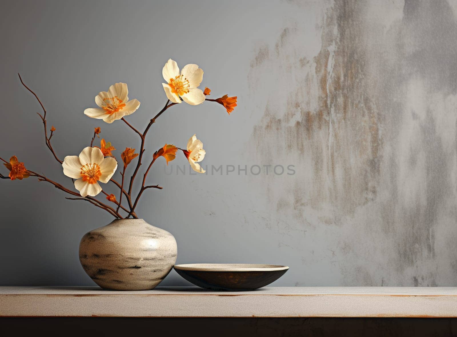Modern painting, abstract, the metal element, texture background, flowers, plants, flowers in a vase. High quality photo