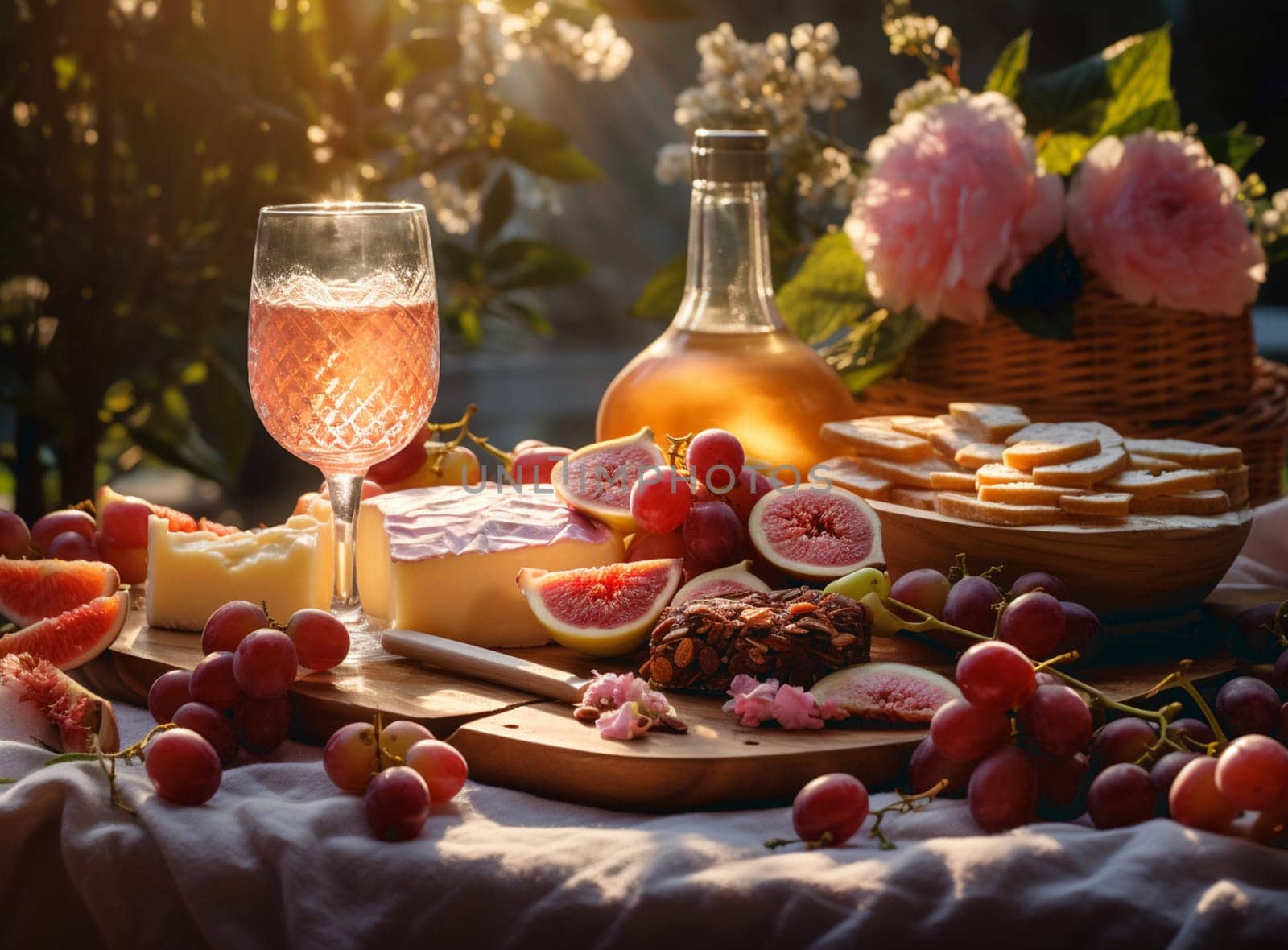 Wine on rustic wood table in vineyard. High quality photo