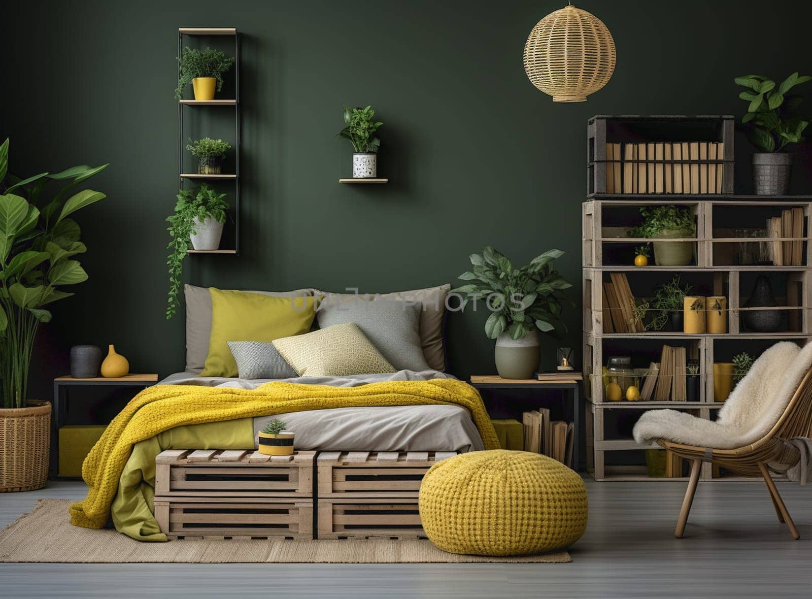 Home garden, minimal bedroom in yellow and wooden tones. Master bed, parquet floor and many houseplants. Urban jungle interior design. Biophilia concept, 3d illustration