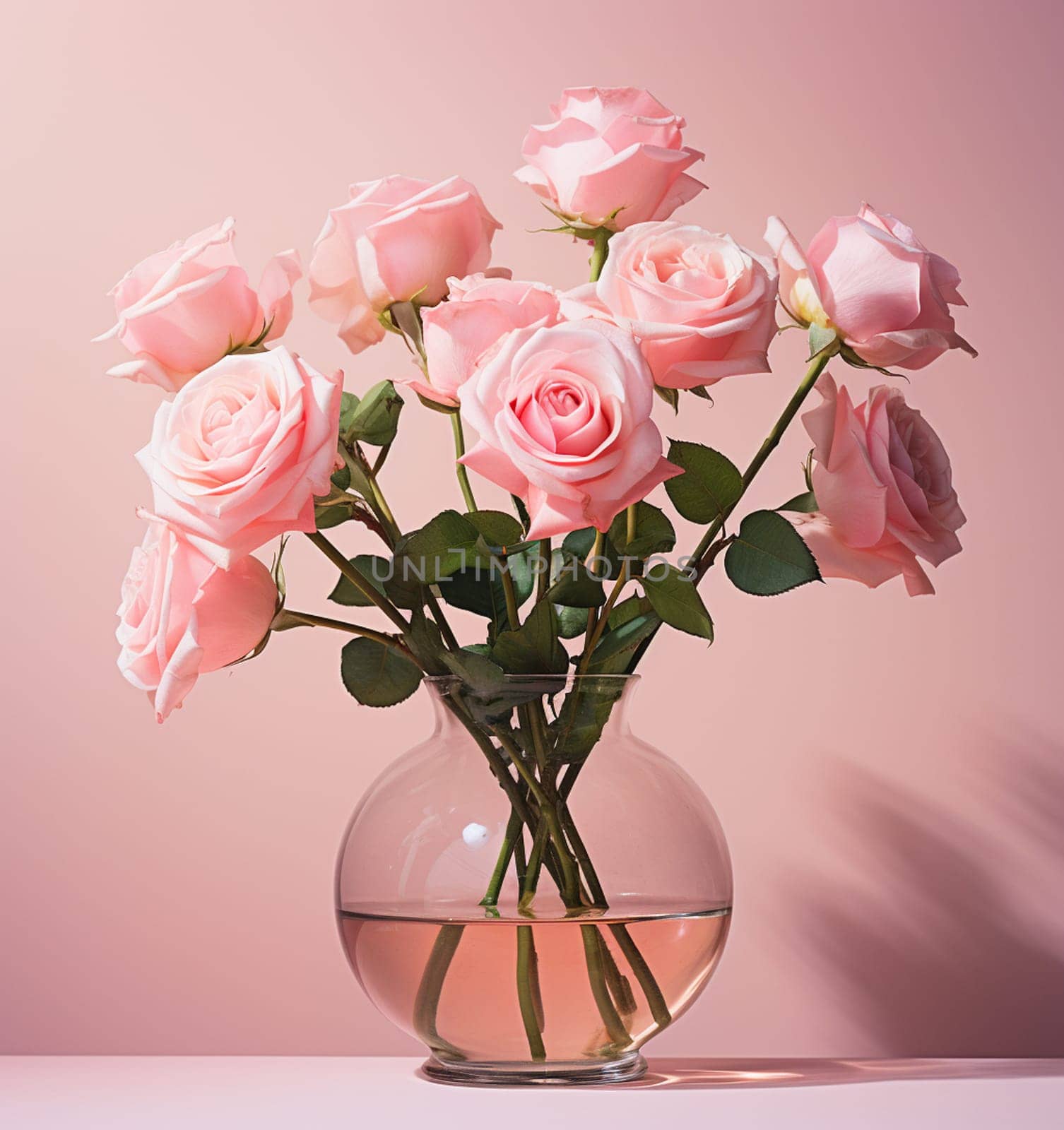 Bouquet of beautiful roses housed in a transparent glass vase in the office.Isolated on white background. Copy space,texture, vertical photo by Andelov13