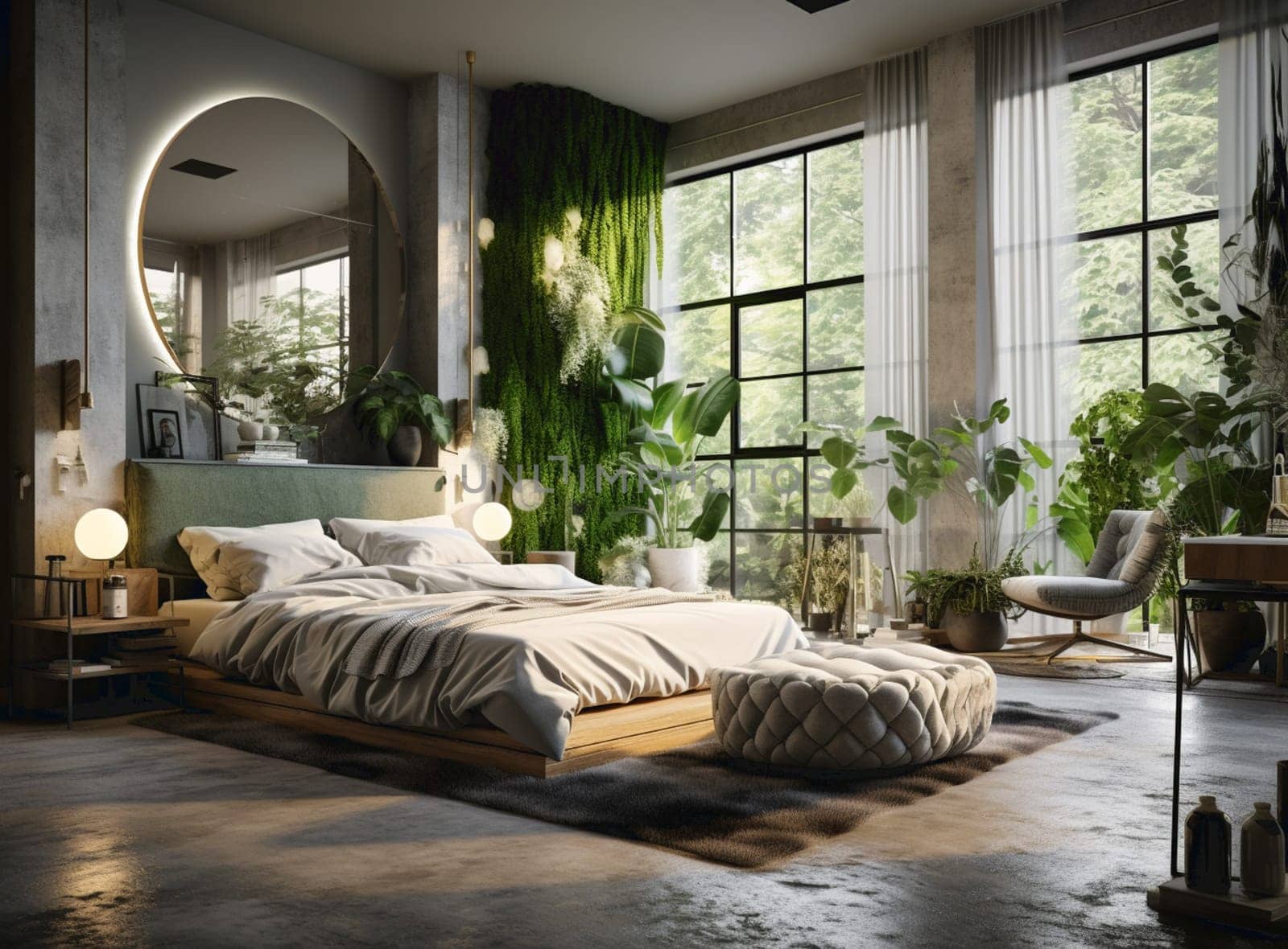 Home garden, minimal bedroom in yellow and wooden tones. Master bed, parquet floor and many houseplants. Urban jungle interior design. Biophilia concept, 3d illustration by Andelov13