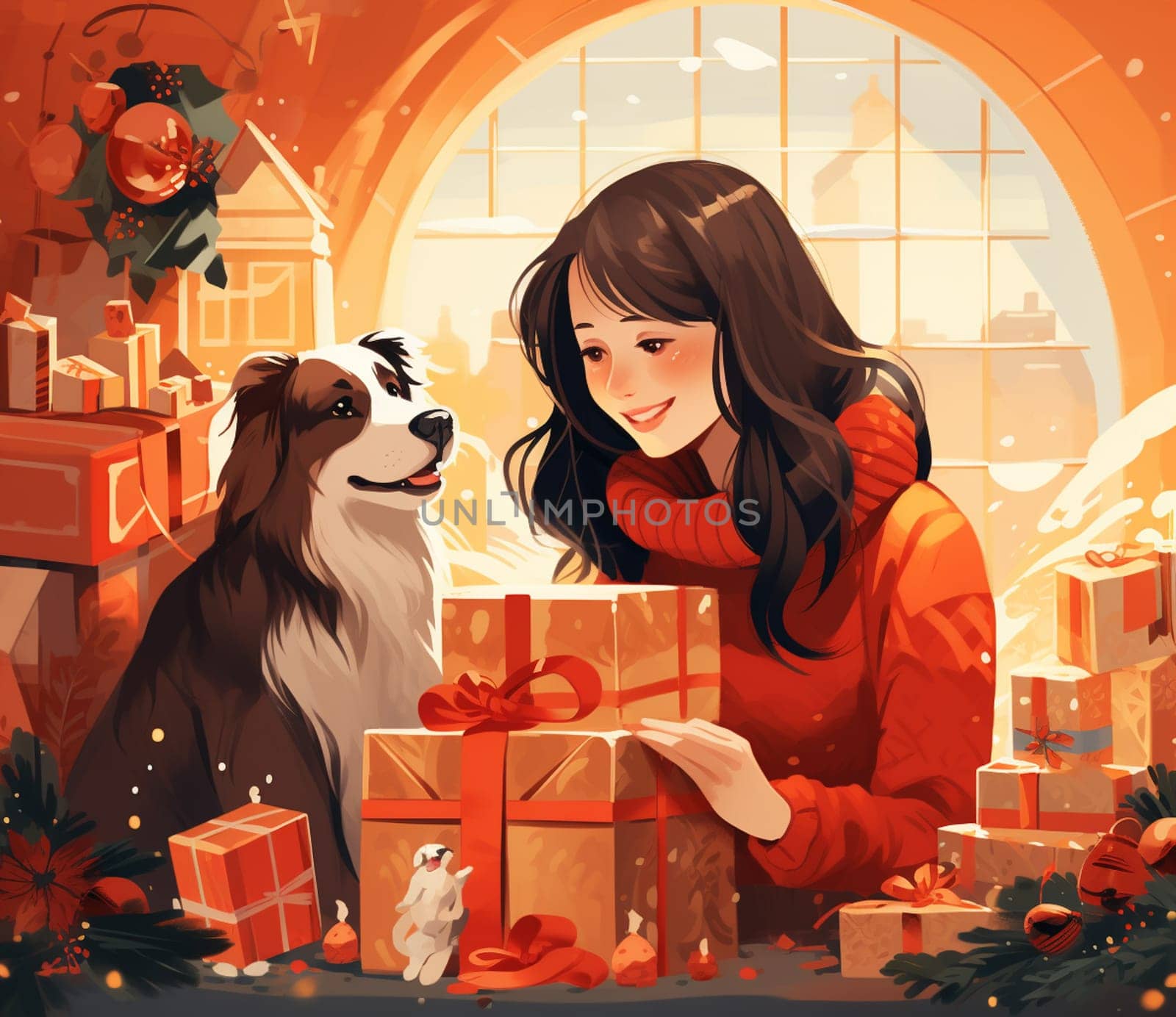 Funny girl with labrador dog and Christmas tree. Hand drawn Christmas illustration by Andelov13