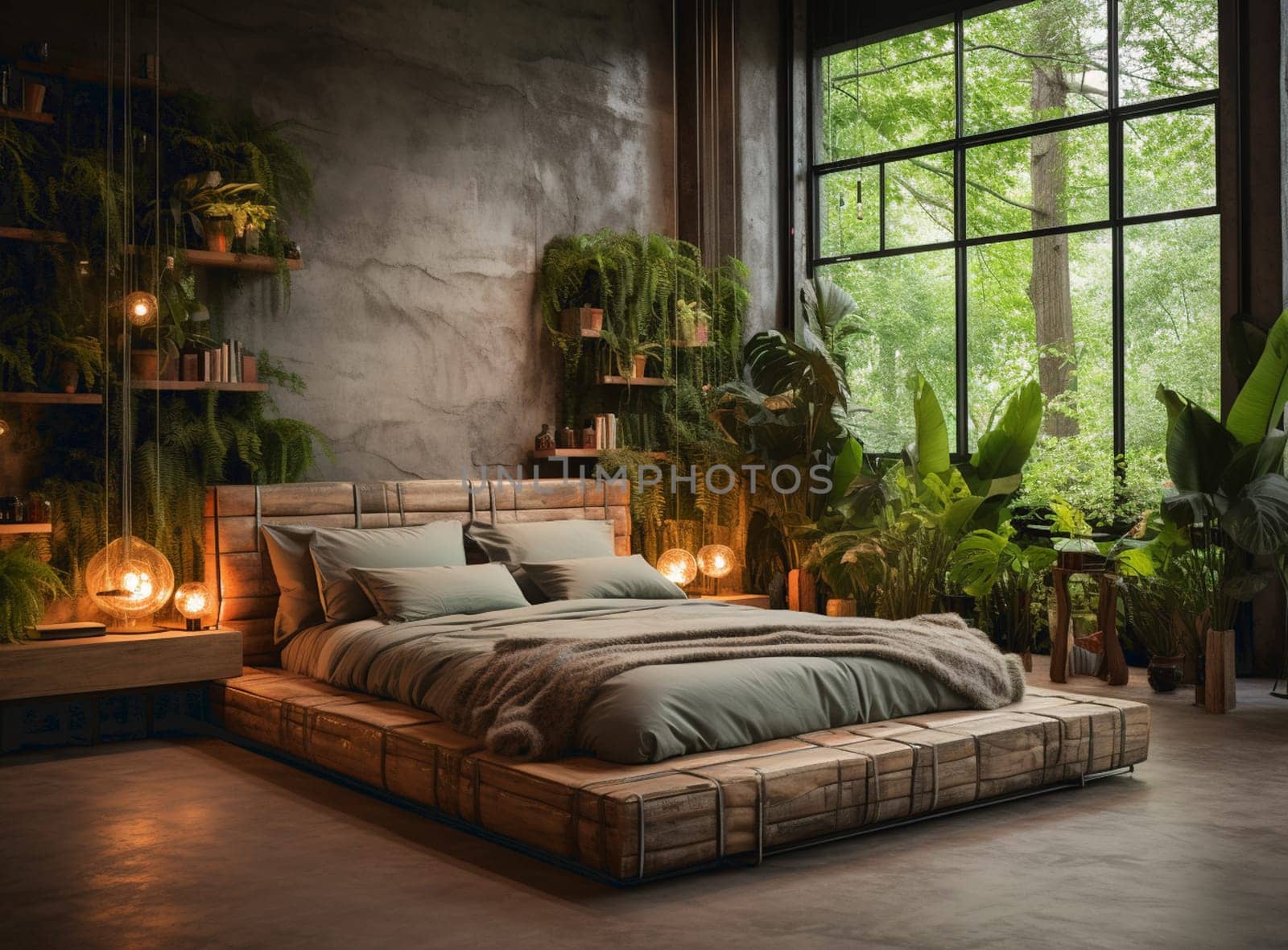 Home garden, minimal bedroom in yellow and wooden tones. Master bed, parquet floor and many houseplants. Urban jungle interior design. Biophilia concept, 3d illustration by Andelov13