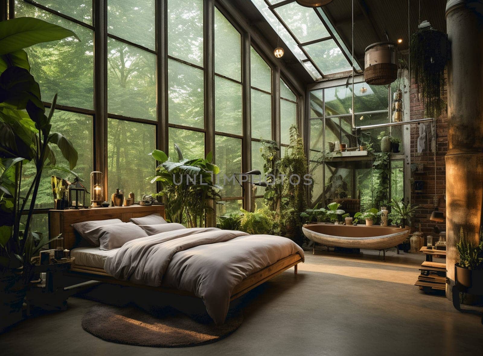 Home garden, minimal bedroom in yellow and wooden tones. Master bed, parquet floor and many houseplants. Urban jungle interior design. Biophilia concept, 3d illustration