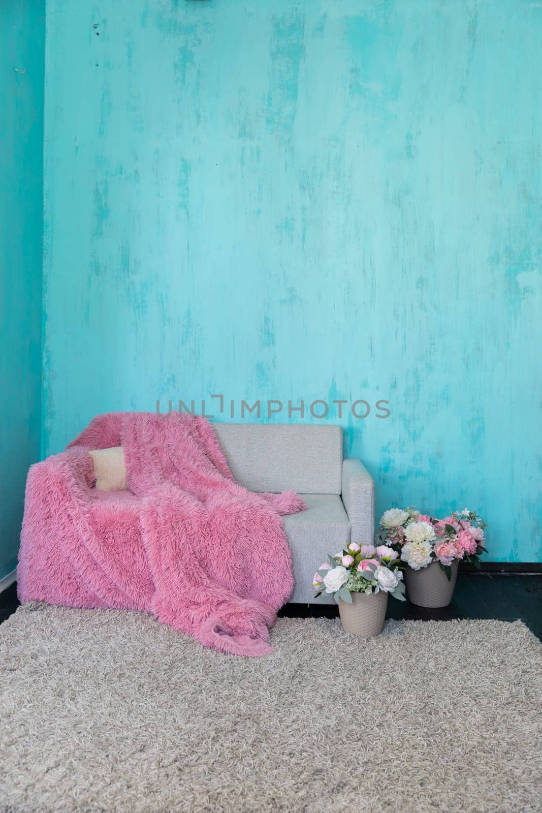 Grey sofa with pink blanket and flowers in blue room by Simakov
