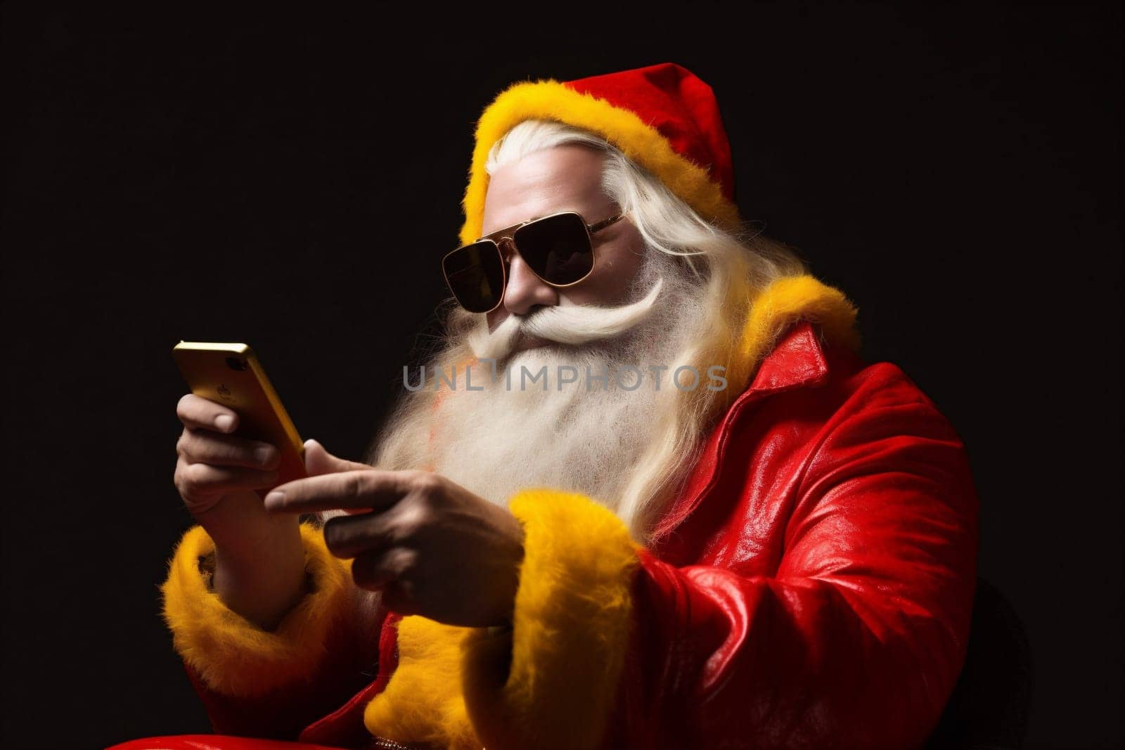man merry phone claus year christmas new mobile holiday smartphone santa. Generative AI. by Vichizh
