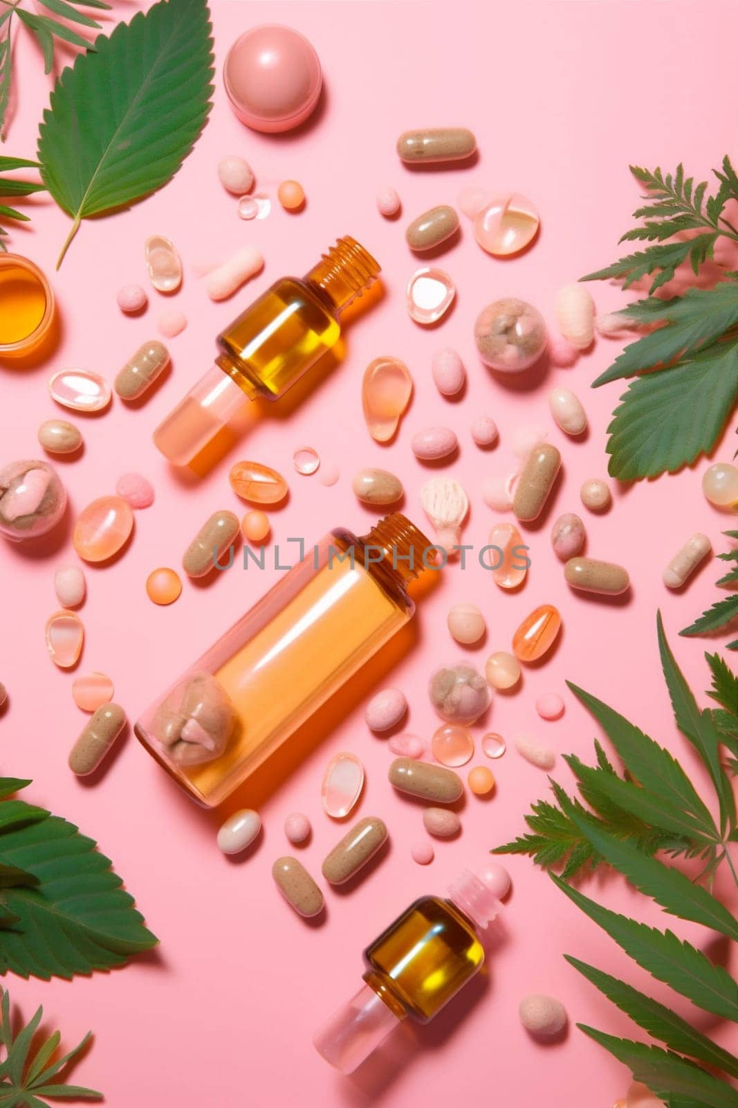 natural alternative organic drug treatment white herb medicine herbal leaf view pill vitamin oil cannabis capsule green spoon top plant supplement. Generative AI.