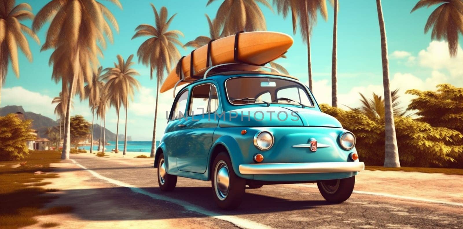 road trip summer tropical car vintage vacation beach retro travel. Generative AI. by Vichizh