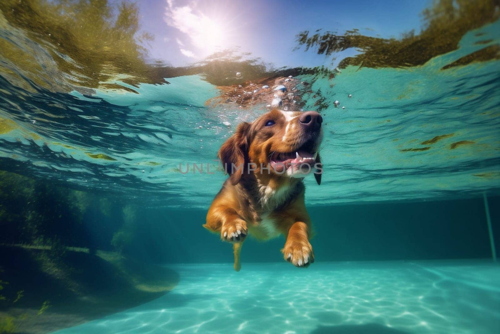 fun dog underwater swimming vacation pool water funny snorkeling puppy. Generative AI. by Vichizh