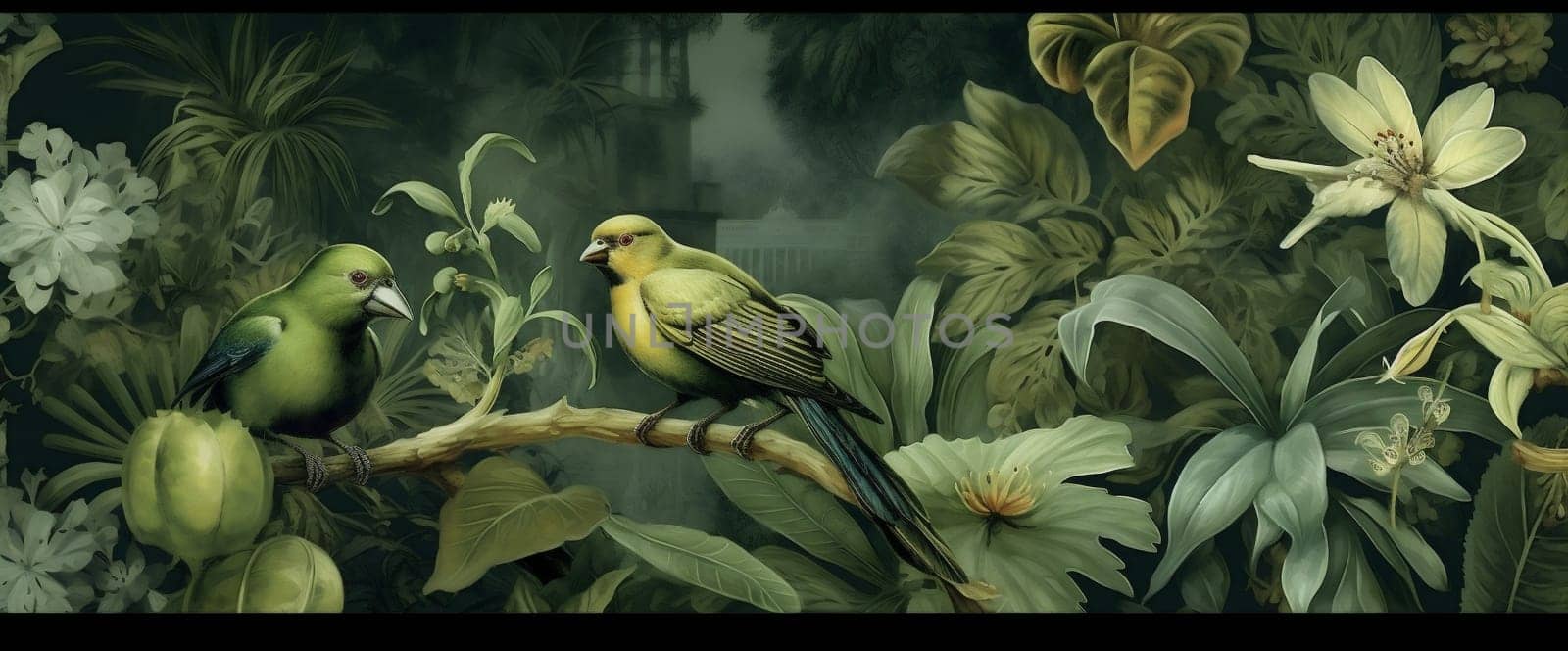 leaf wallpaper tropical nature bird flower exotic jungle palm art. Generative AI. by Vichizh